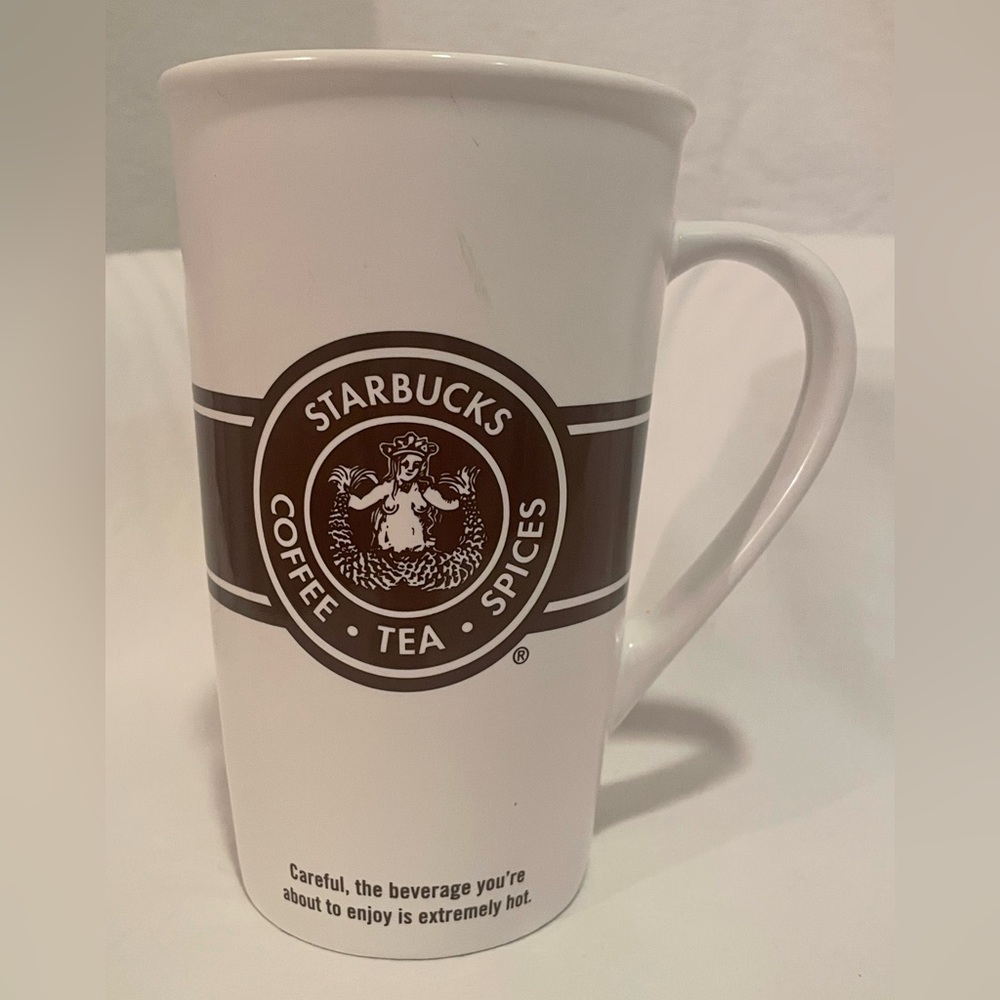 Starbucks 2008 Tall 16oz White Mug with Brown Logo Band